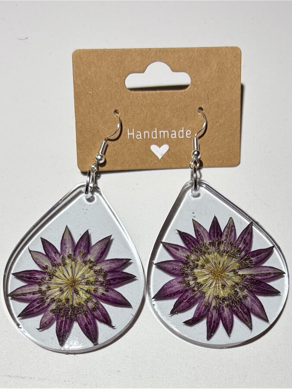 Purple Flower Teardrop Resin Earrings